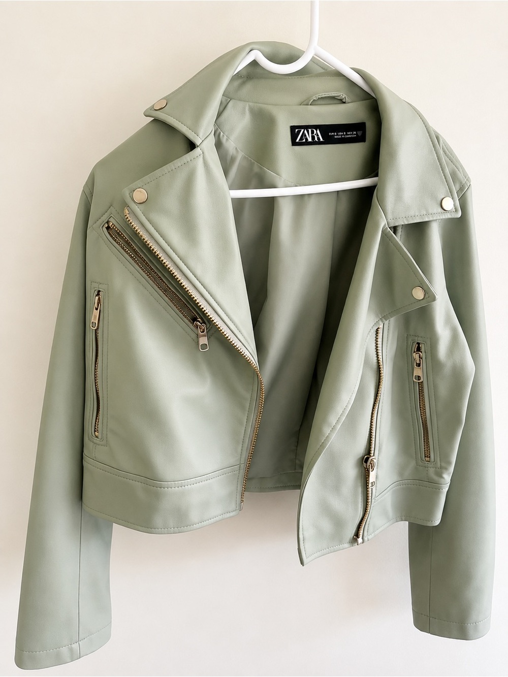 NWOT ZARA Sage Green Vegan Faux Leather Moto Jacket